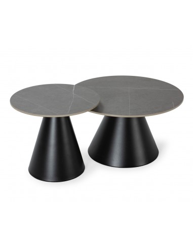 Set 2 mesas de centro redondas LOUNA, porcelánico gris y base metal negro