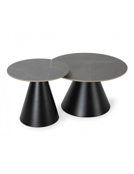 Set de 2 mesas de centro redondas LOUNA, porcelânico cinza e base metal preto