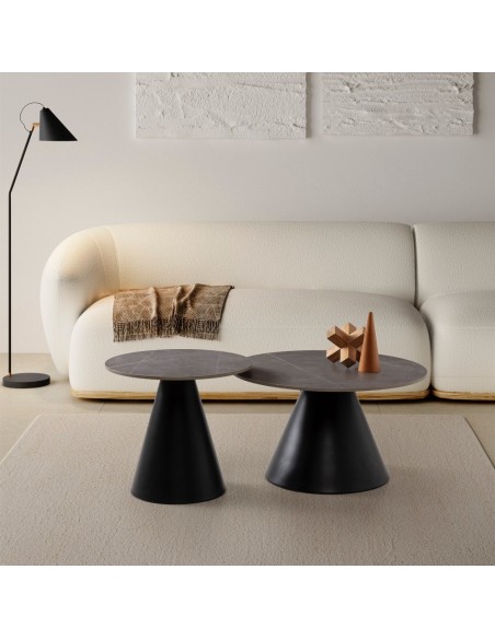 Set de 2 mesas de centro redondas LOUNA, porcelânico cinza e base metal preto