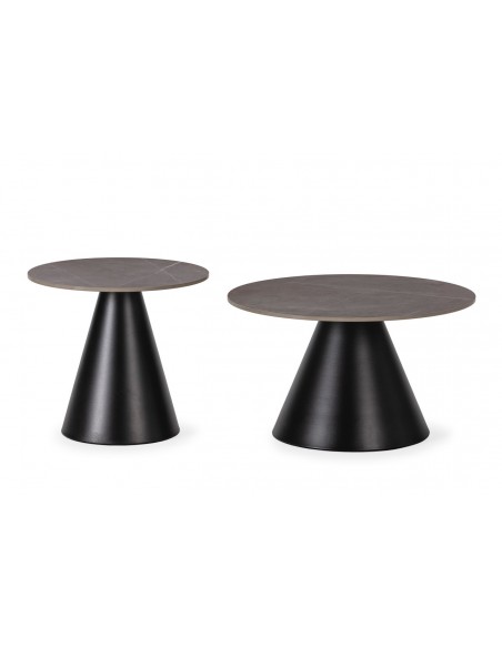 Set de 2 mesas de centro redondas LOUNA, porcelânico cinza e base metal preto