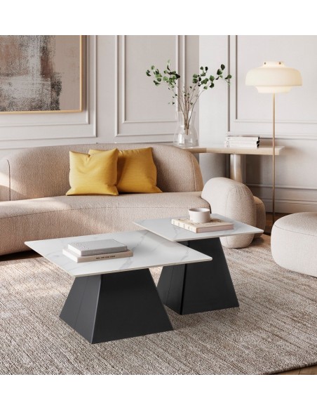 Set de 2 mesas de centro quadradas MERME, porcelânico branco e base metal preto