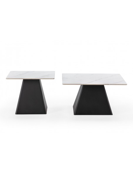 Set de 2 mesas de centro quadradas MERME, porcelânico branco e base metal preto
