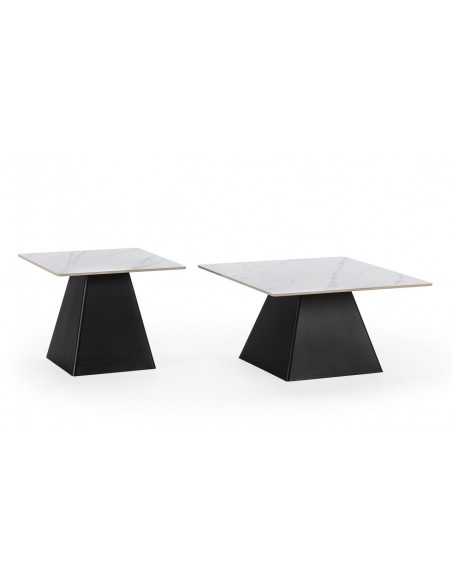 Set de 2 mesas de centro quadradas MERME, porcelânico branco e base metal preto