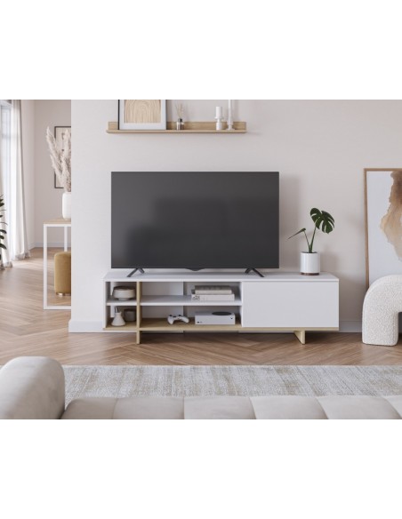 Mueble de TV CEQUOIA 160 x 35,1 puerta 4 huecos en blanco y roble