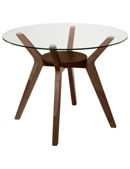 Mesa redonda de cristal SABRINE 120, base de madera en Nogal