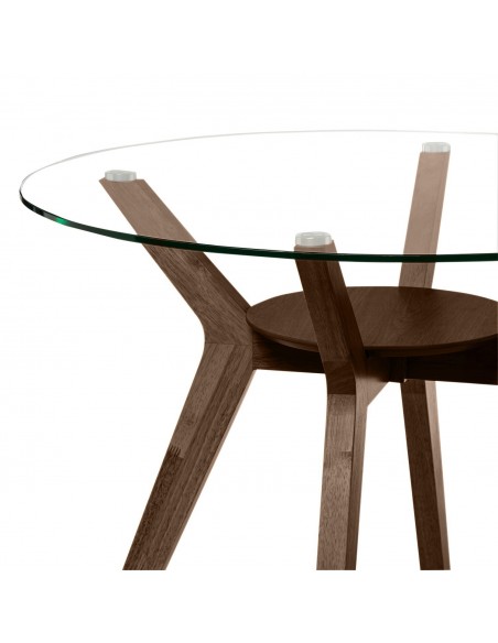 Mesa redonda SABRINE 100, cristal y patas de madera en Nogal