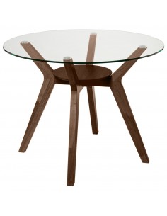 Mesa redonda SABRINE 100, cristal y patas de madera en Nogal