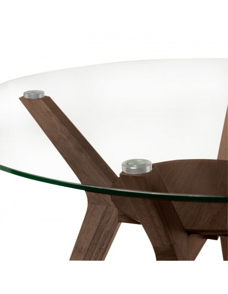 Mesa redonda SABRINE 100, cristal y patas de madera en Nogal
