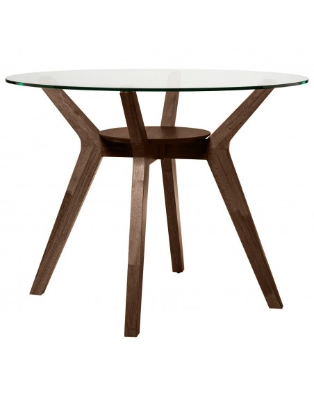Mesa redonda SABRINE 100, cristal y patas de madera en Nogal