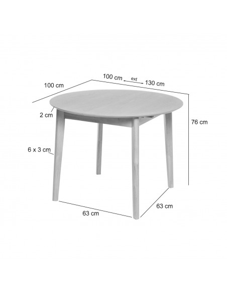 Mesa redonda extensible LIANA (100 x 130) x 76 cm. Sobre Blanco y patas en madera.