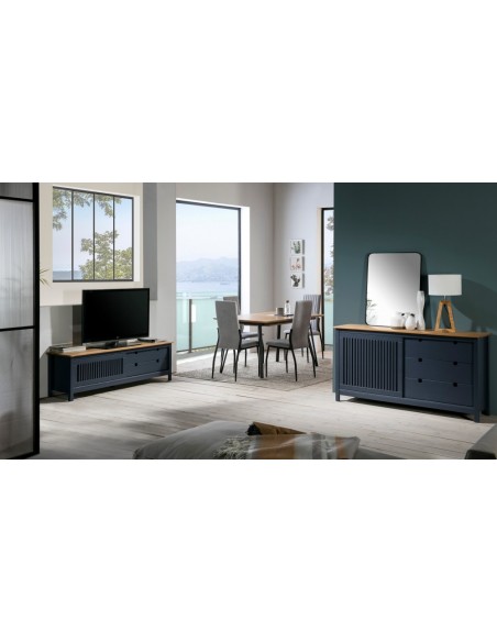 Mueble de TV colonial BRUNA 158 x 49, madera pino encerado y gris antracita