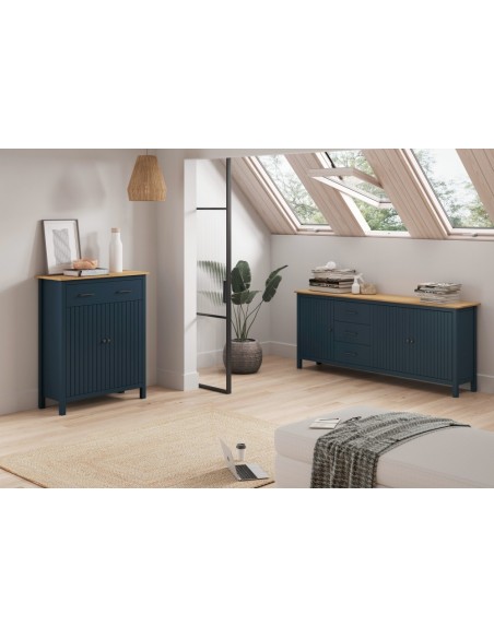 Aparador mediterráneo MIRANDA 190 x 80, madera pino encerada y azul