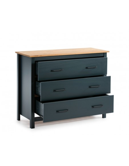 Cómoda Mediterrânica MIRANDA 100 x 80, 3 gavetas, pinho encerado e azul