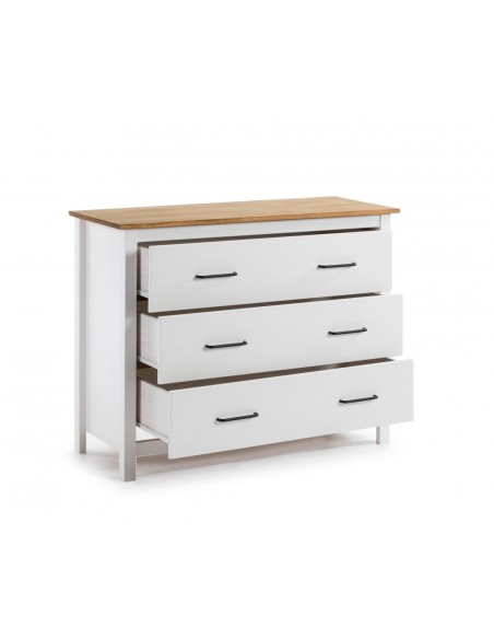 Cómoda Mediterrânica MIRANDA 100 x 80, 3 gavetas, pinho encerado e branco