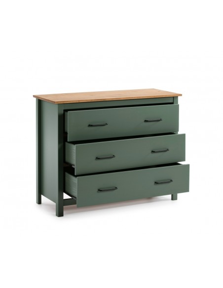 MIRANDA Cómoda mediterrânica 100 x 80, 3 gavetas, pinho encerado e verde