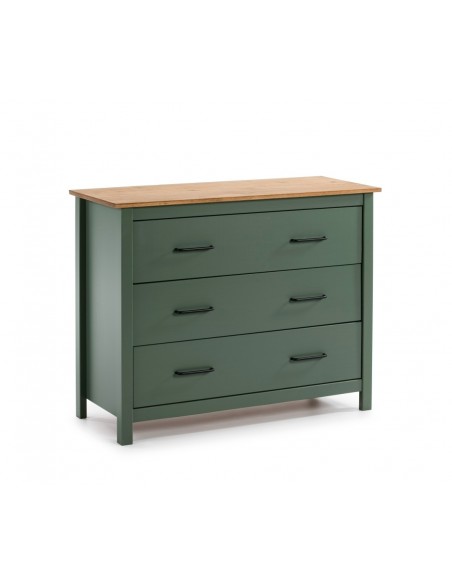 MIRANDA Cómoda mediterrânica 100 x 80, 3 gavetas, pinho encerado e verde