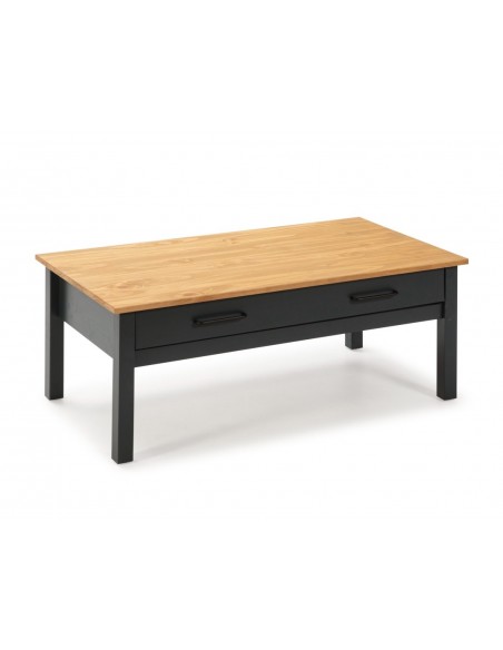 Mesa de centro mediterránea MIRANDA 100 X 40, madera de pino encerado y azul