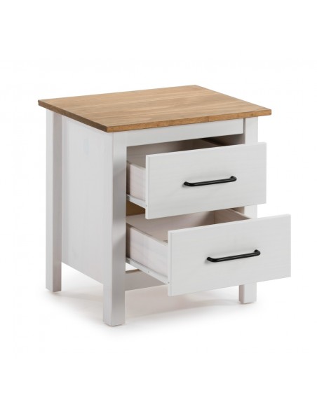 Mesa de cabeceira mediterrânica MIRANDA 46 X 49, madeira de pinho encerada e branco