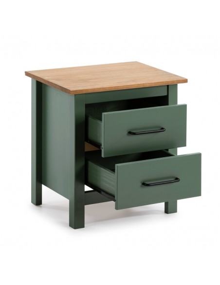 Mesa de cabeceira mediterrânica MIRANDA 46 X 49, madeira de pinho encerada e verde