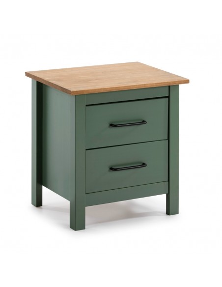 Mesita de noche mediterránea MIRANDA 46 X 49, madera pino encerado y verde