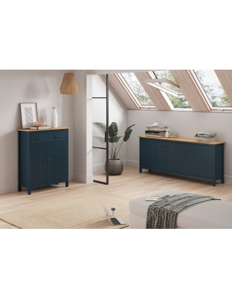 Mueble auxiliar mediterráneo MIRANDA 90 x 110, madera pino encerada y azul