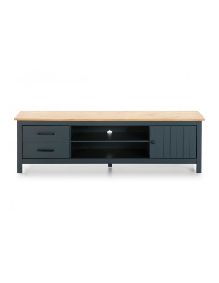 Mueble de TV mediterráneo MIRANDA 158 x 47, madera pino encerada y azul