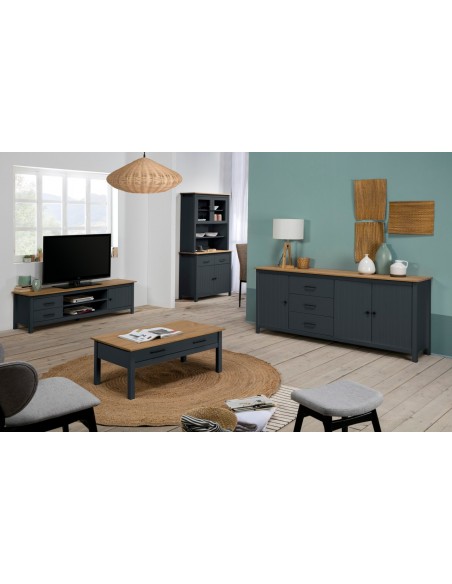 Mueble de TV mediterráneo MIRANDA 158 x 47, madera pino encerada y azul
