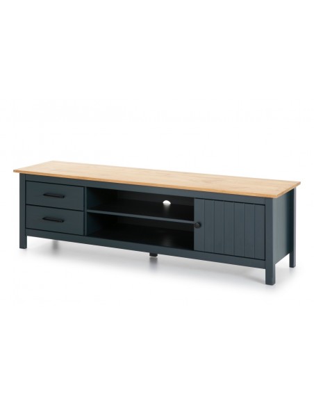 Mueble de TV mediterráneo MIRANDA 158 x 47, madera pino encerada y azul