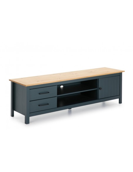 Mueble de TV mediterráneo MIRANDA 158 x 47, madera pino encerada y azul