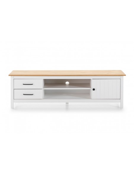 Mueble de TV mediterráneo MIRANDA 158 x 47, madera pino encerada y blanco