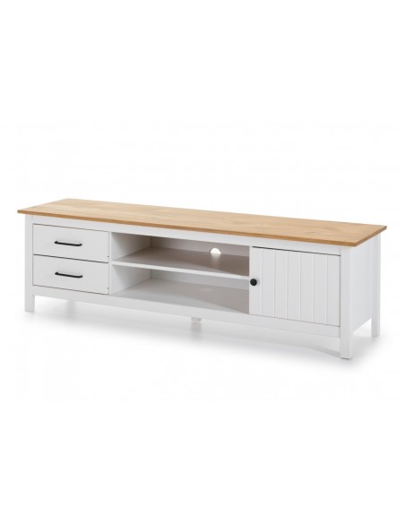 Mueble de TV mediterráneo MIRANDA 158 x 47, madera pino encerada y blanco