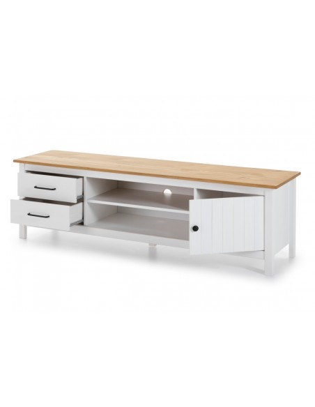 Mueble de TV mediterráneo MIRANDA 158 x 47, madera pino encerada y blanco