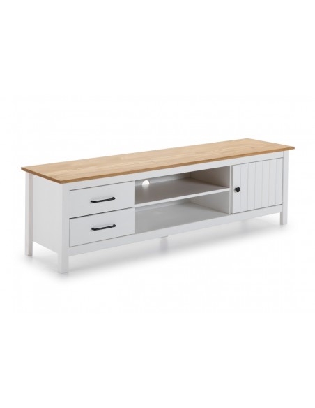 Mueble de TV mediterráneo MIRANDA 158 x 47, madera pino encerada y blanco