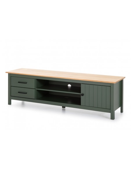 Mueble de TV mediterráneo MIRANDA 158 x 47, madera pino encerada y verde