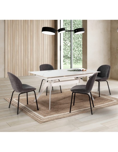 MESA EXTENSÍVEL LULA, 160/220 X 90 CM, tampo em CERÂMICA E PERNAS em metal branco