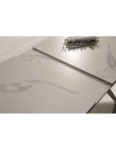 MESA EXTENSIBLE LULA,160/220 X 90, tapa CERÁMICA Y PATAS metal blanco