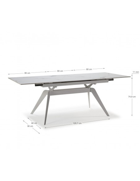 MESA EXTENSÍVEL LULA, 160/220 X 90 CM, tampo em CERÂMICA E PERNAS em metal branco