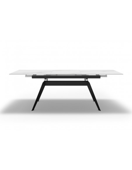 MESA EXTENSÍVEL LULA 160/220 X 90 CM, tampo CERÂMICO BRANCO e pés em metal PRETO