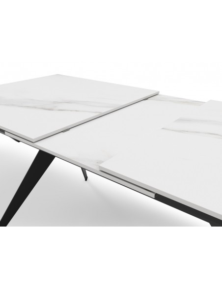 MESA EXTENSIBLE LULA 160/220 X 90. Tapa CERÁMICA BLANCA y pies metal NEGRO