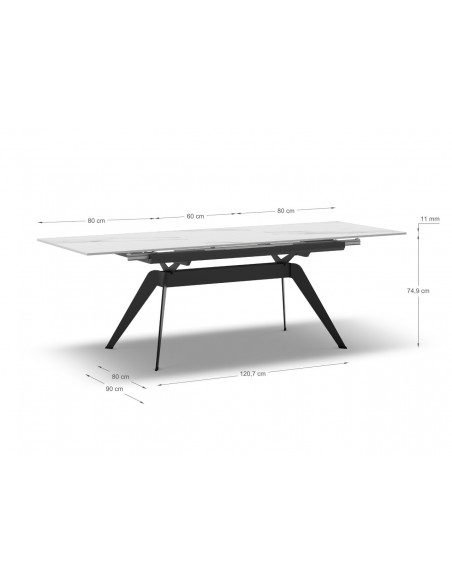 MESA EXTENSÍVEL LULA 160/220 X 90 CM, tampo CERÂMICO BRANCO e pés em metal PRETO