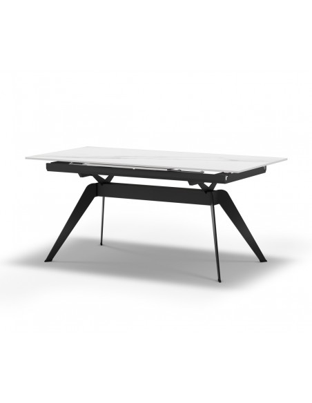 MESA EXTENSIBLE LULA 160/220 X 90. Tapa CERÁMICA BLANCA y pies metal NEGRO