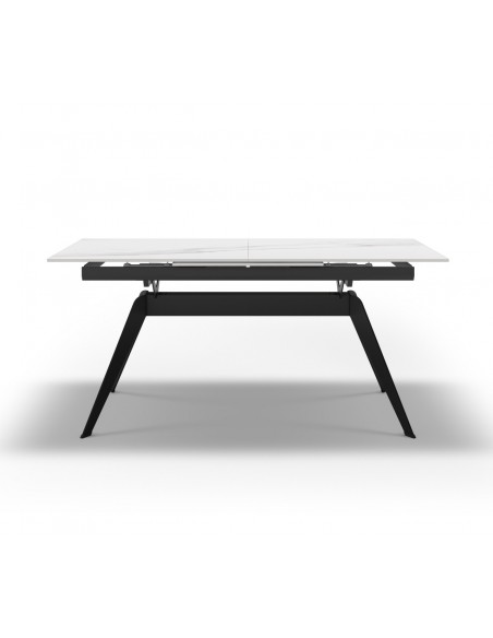 MESA EXTENSÍVEL LULA 160/220 X 90 CM, tampo CERÂMICO BRANCO e pés em metal PRETO