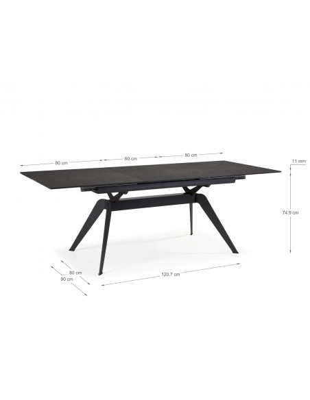 MESA EXTENSÍVEL LULA 160/220 X 90 CM, tampo CERÂMICO e pés em metal PRETO