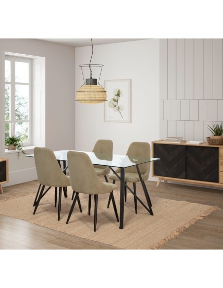 MESA DE VIDRO GAIA 160x90CM, PERNAS DE METAL COM ACABAMENTO PRETO.