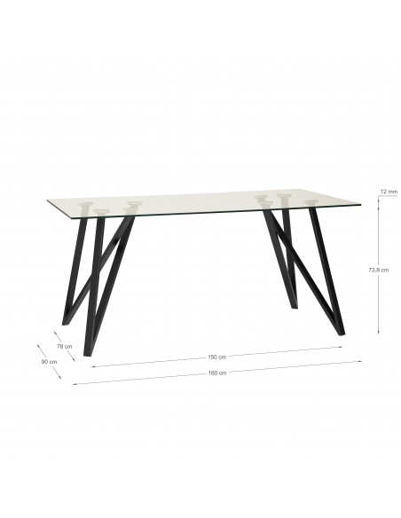 MESA DE VIDRO GAIA 160x90CM, PERNAS DE METAL COM ACABAMENTO PRETO.