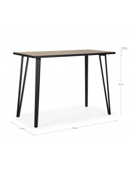 Mesa alta SINDI 140 x 70 x 100, acabamento melamínico natural e metal preto