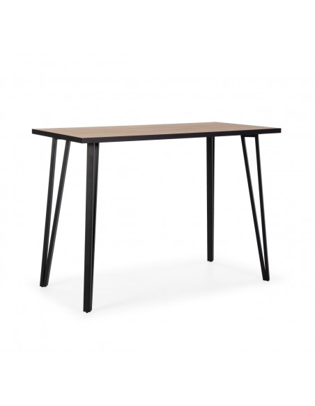 Mesa alta de bar SINDI 140 x 70 x 100, melamina acabado natural y metal negro