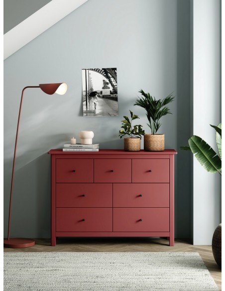 Cómoda mediterránea MISTI 110 x 80, 7 cajones, pino en burdeos