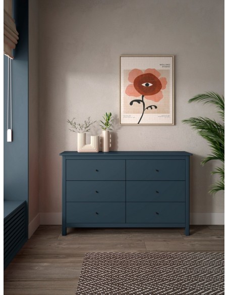Cómoda mediterránea MISTI 130 x 80, 6 cajones, pino en azul