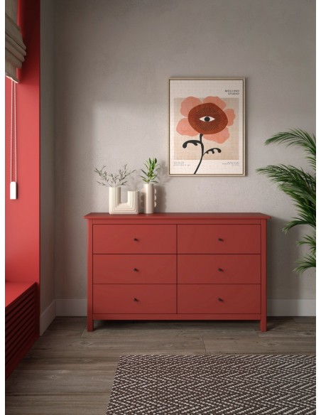 Cómoda mediterránea MISTI 130 x 80, 6 cajones, pino en burdeos